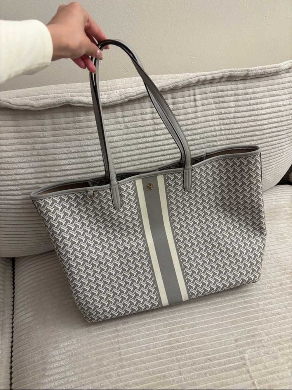 Tory Burch | Gray Patterned Tote Bag with Center Stripe